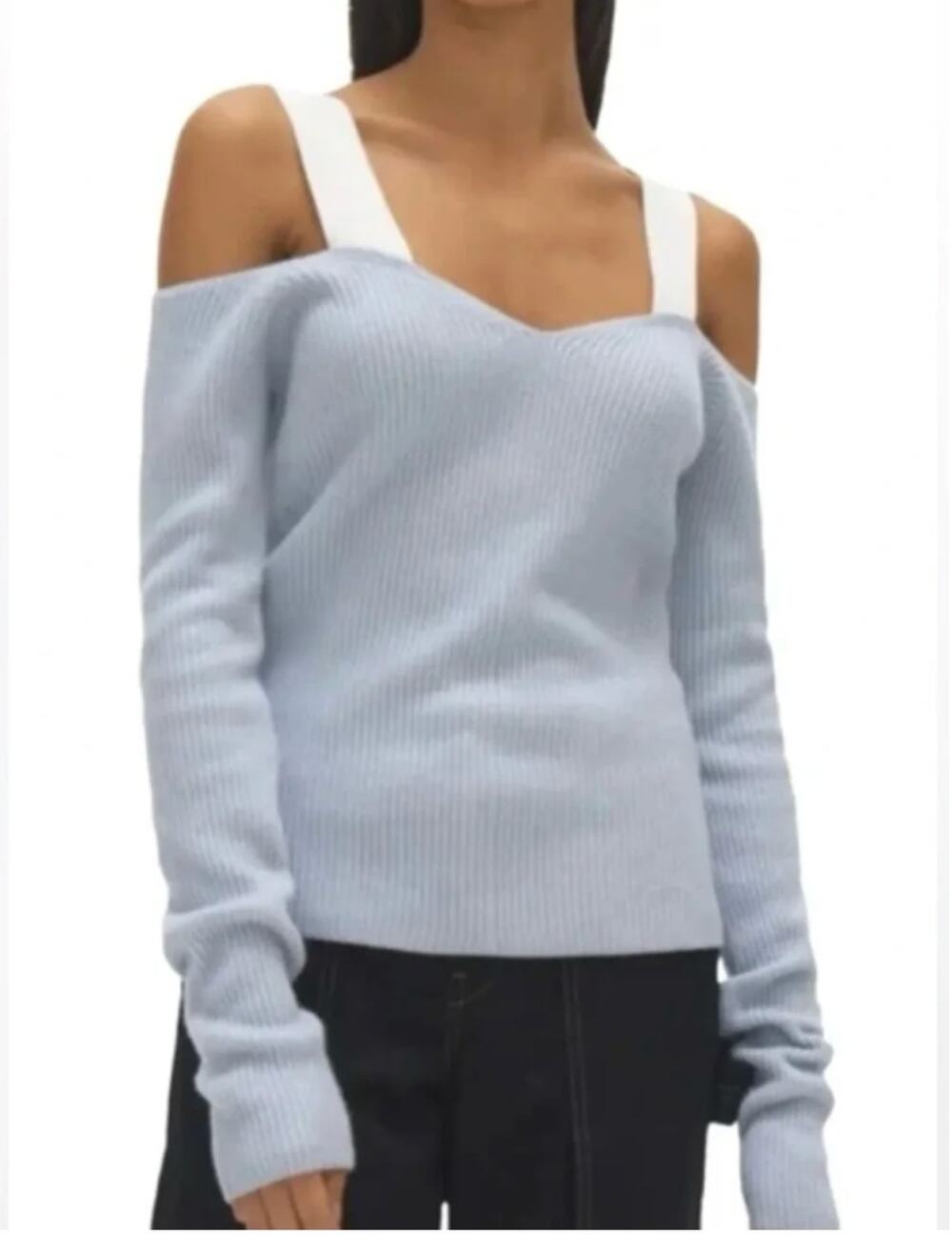 HELMUT LANG | Baby Blue Rib Knit Cold Shoulder Long Sleeve Sweater | Small
